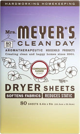 MRS. MEYER'S CLEAN DAY Dryer Sheets, Compassion Flower, 80 Count | Adds Freshness to Clothes and Softens Fabric, Reduces Static, Infused with Essential Oils