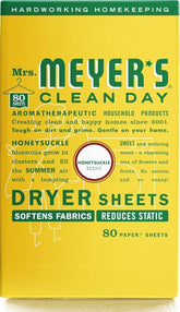 MRS. MEYER'S CLEAN DAY Dryer Sheets, Fabric Softener, Honeysuckle, 80 Count | Adds Freshness to Clothes and Softens Fabric, Reduces Static, Infused with Essential Oils