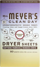 MRS. MEYER'S CLEAN DAY Dryer Sheets, Fabric Softener, Reduces Static, Infused with Essential Oils, Compassion Flower, 80 Count (Pack of 12)