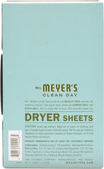 MRS. MEYER'S CLEAN DAY Dryer Sheets, Fabric Softener, Reduces Static, Infused with Essential Oils, Basil, 80 Count (Pack of 12)