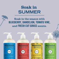 MRS. MEYER'S CLEAN DAY Summer Hand Soap Set, 12.5 fl oz, 4 Pack | Moisturizing Liquid Hand Soap, Softens and Cleans Hands, Includes Blueberry, Tomato Vine, Dandelion and Fresh Cut Grass