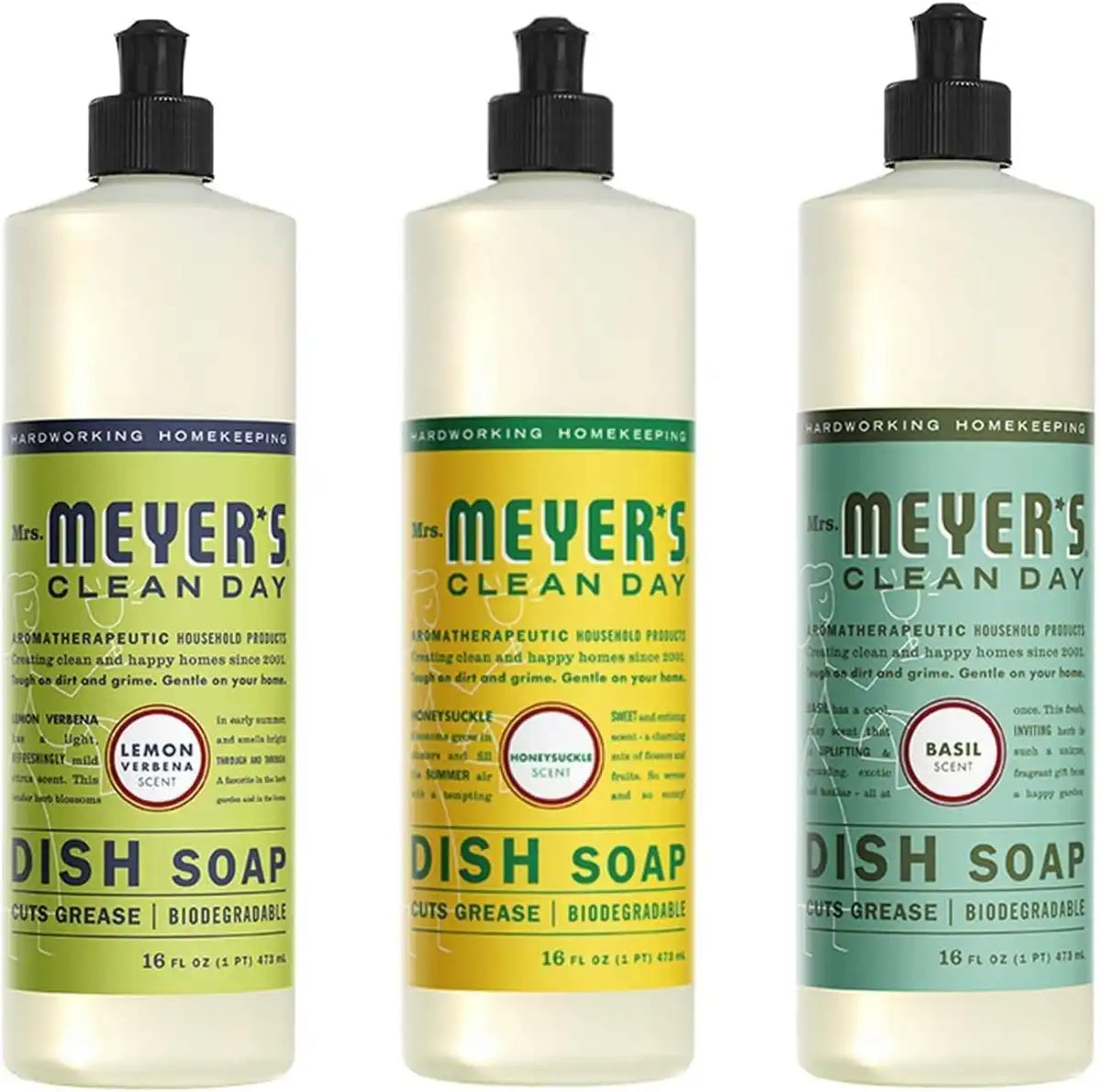 Mrs. MEYER'S CLEAN DAY Dish Soap Variety Pack Includes 1 Lemon Verbena, 1 Basil 1 Honeysuckle Dish Soap 16 fl oz. Each