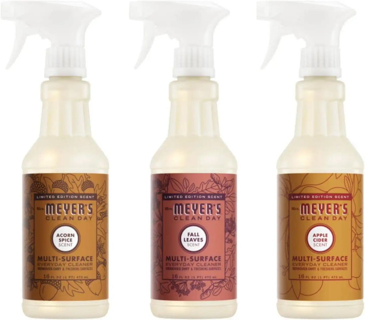 Mrs. MEYER'S CLEAN DAY Multi-Surface Cleaner 3 Pack Variety 16 OZ Each, 1 CT. (Acorn Spice + Apple Cider + Fall Leaves)