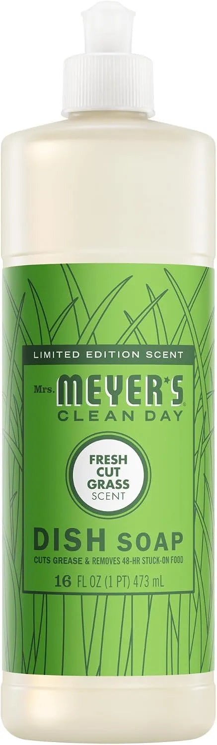 MRS. MEYER'S CLEAN DAY Liquid Dish Soap, Fresh Cut Grass, 16 fl oz | Cuts Through Grease, Removes 48-Hour Stuck on Food, Cruelty Free, Made with Essential Oils and Aloe Vera Extract