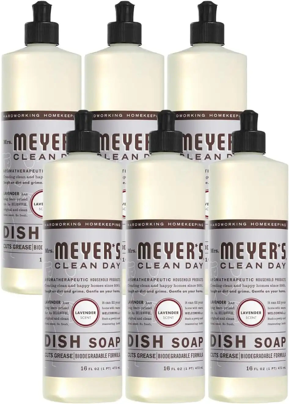 MRS. MEYER'S CLEAN DAY Liquid Dish Soap, Lavender, 16 fl oz, 6 Pack | Cuts Through Grease, Removes 48-Hour Stuck on Food, Cruelty Free, Made with Essential Oils and Aloe Vera Extract