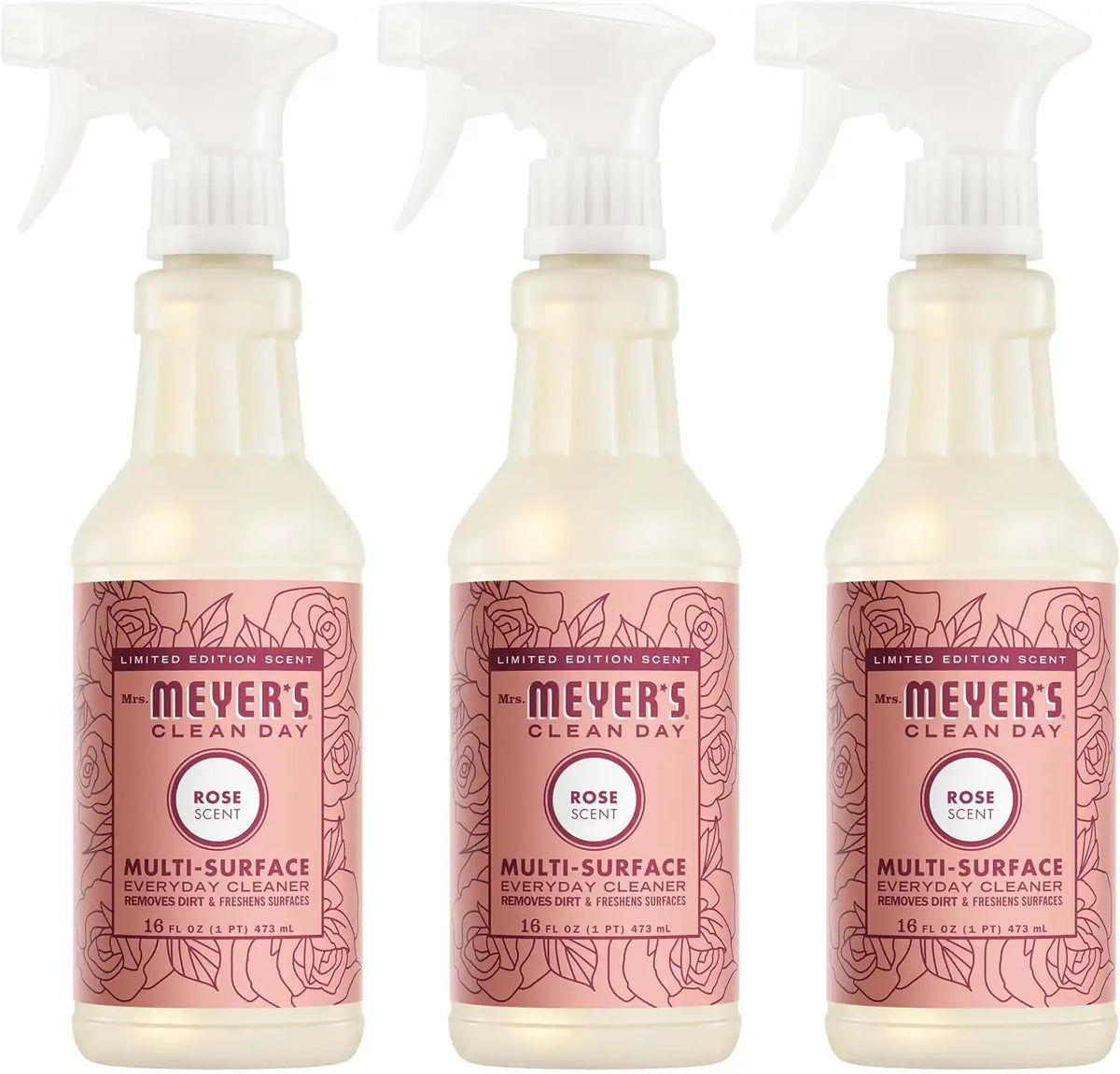 MRS. MEYER'S CLEAN DAY Multi-Surface Everyday Cleaner, Rose Scent, 16 Fl Oz Bottle - 3 Pack | Removes Dirt and Freshens Surfaces, Everyday Use, All-Purpose Cleaner, Cruelty Free, Made with Essential Oils