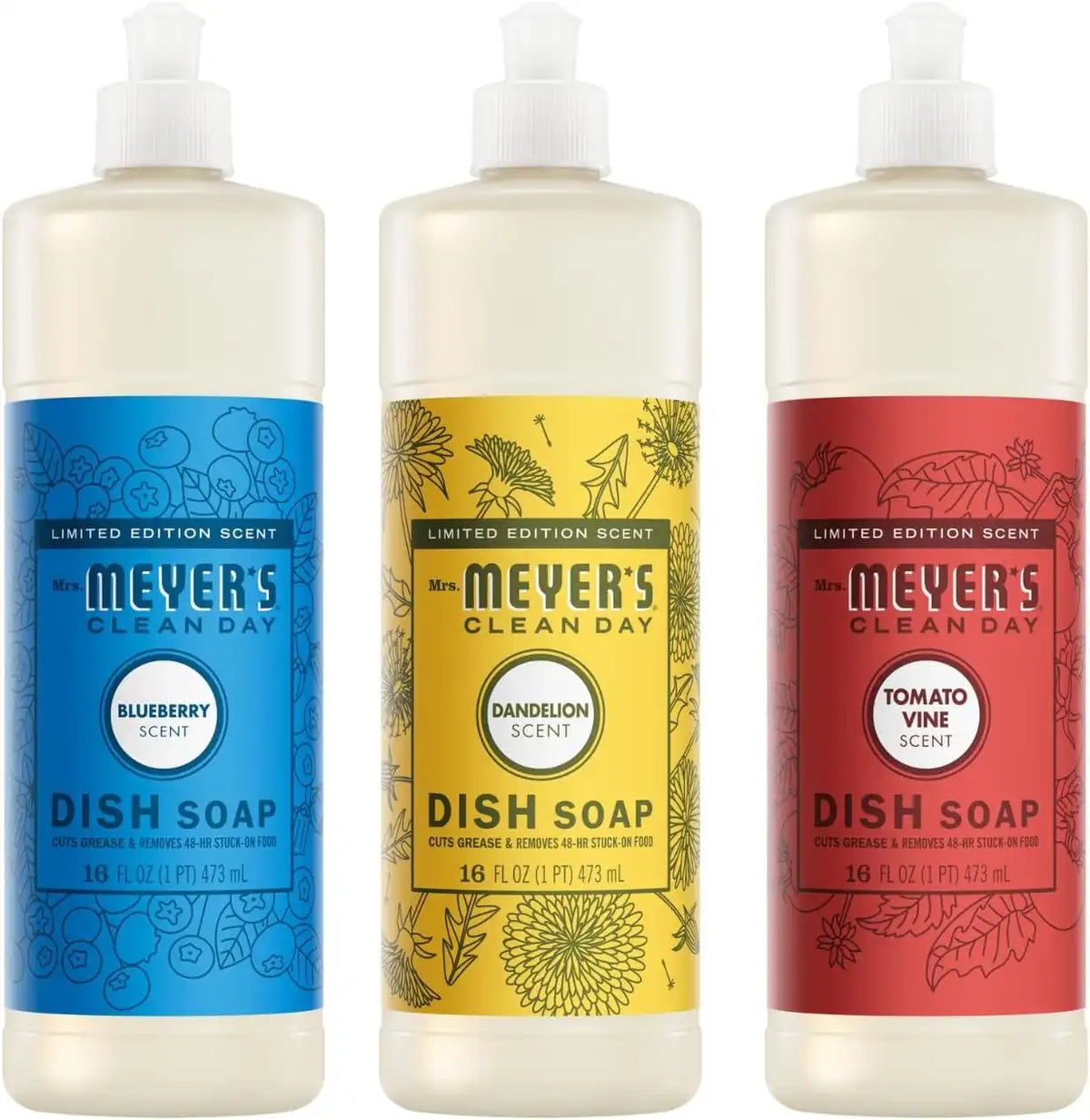 Mrs. MEYER'S Clean Day Dish Soap 16 FL OZ Each, Tomato Vine, Dandelion, Blueberry, 1 CT (Variety Pack)