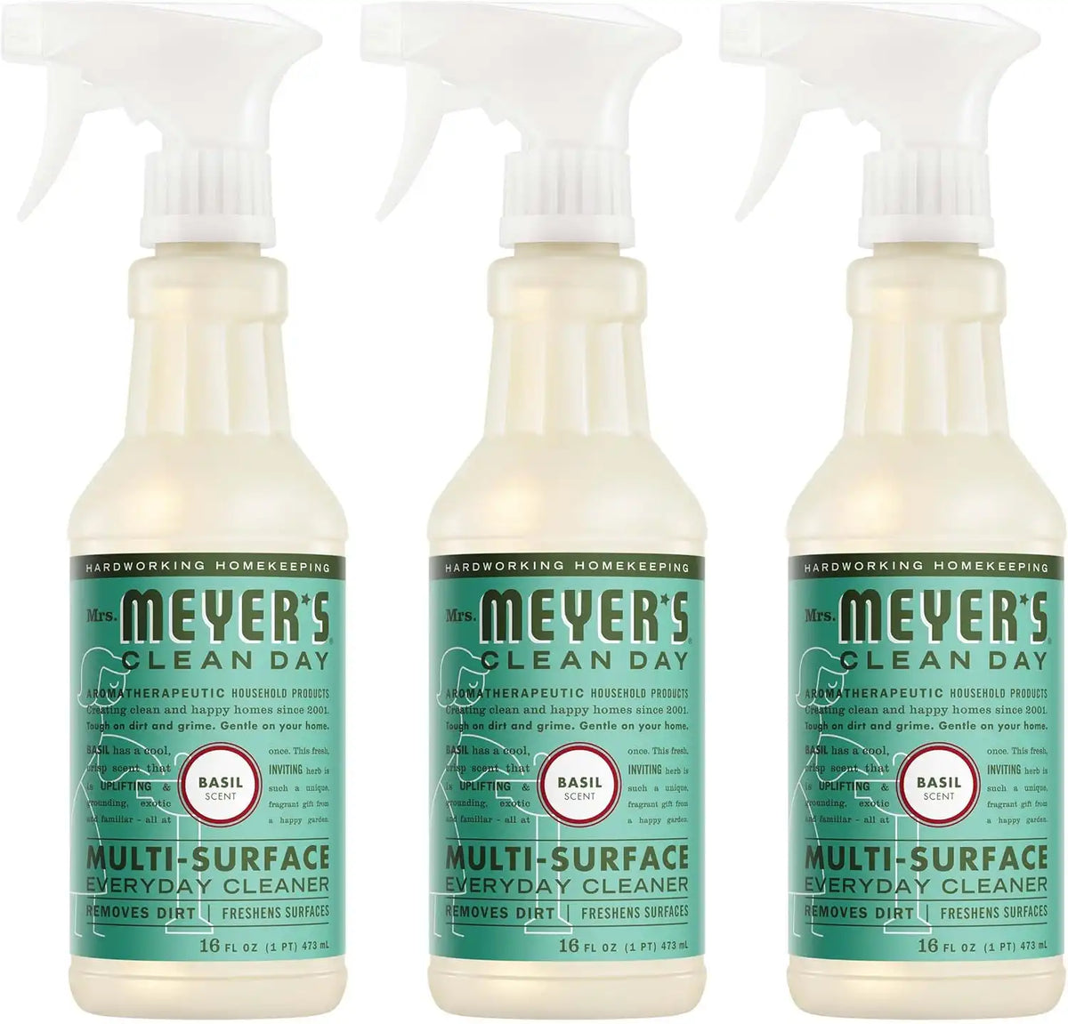 MRS. MEYER'S CLEAN DAY Multi-Surface Everyday Cleaner, Basil Scent, 16 Fl Oz Bottle - 3 Pack | Removes Dirt and Freshens Surfaces, Everyday Use, All-Purpose Cleaner, Cruelty Free, Made with Essential Oils