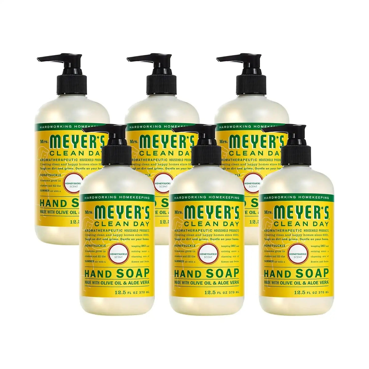 MRS. MEYER'S CLEAN DAY Hand Soap, Made with Essential Oils, Honeysuckle, 12.5 fl. oz - Pack of 6 | Moisturizing Liquid Hand Soap, Softens and Cleans Hands, Cruelty Free, Made with Essential Oils, Olive Oil, and Aloe Vera