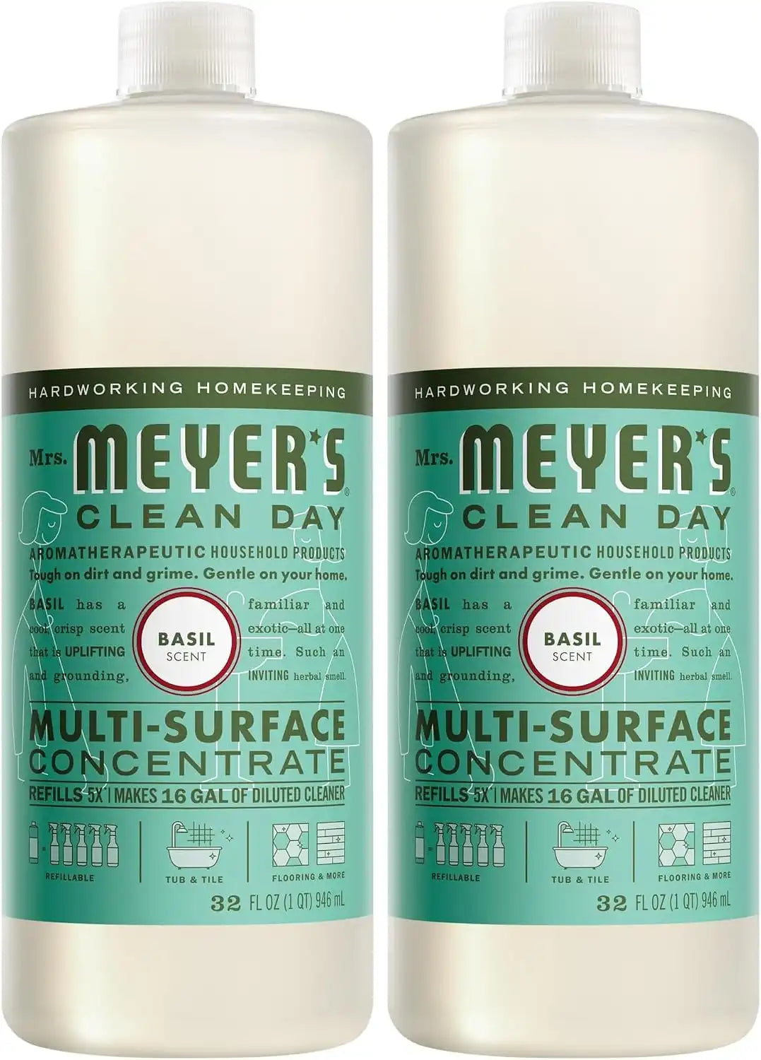 MRS. MEYER'S CLEAN DAY Multi-Surface Everyday Concentrate, Basil Scent, 32 Fl Oz Bottle (Pack of 2)
