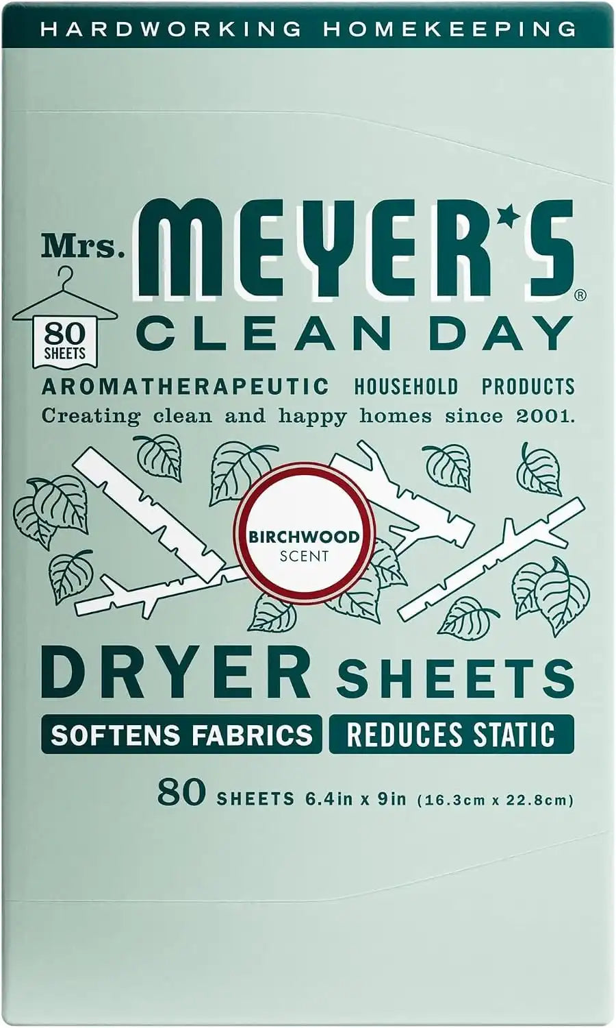 MRS. MEYER'S CLEAN DAY Dryer Sheets, Fabric Softener, Reduces Static, Infused with Essential Oils, Birchwood, 80 Count (Pack of 12)