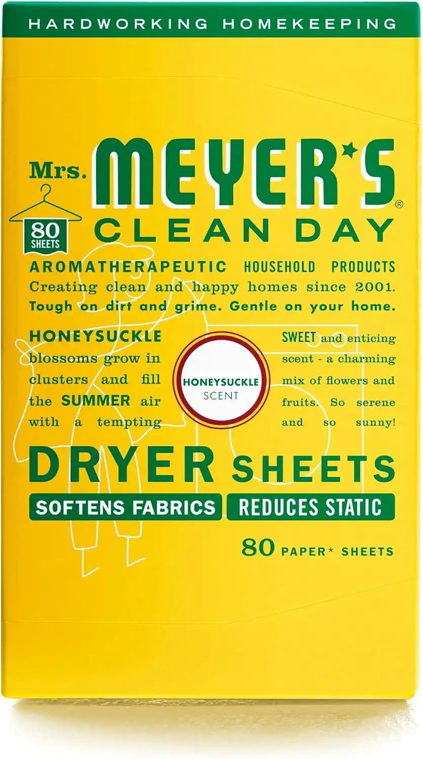 MRS. MEYER'S CLEAN DAY Dryer Sheets,Fabric Softener,Reduces Static,Infused with Essential Oils,Honeysuckle,80 Count (Pack of 12)