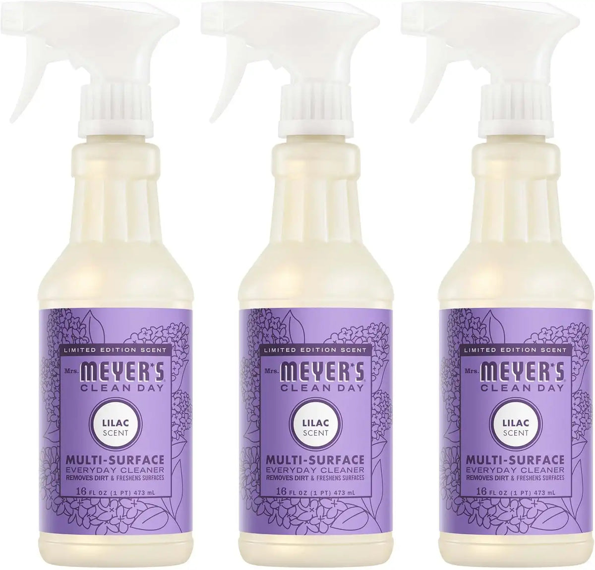 MRS. MEYER'S CLEAN DAY Multi-Surface Cleaner, Lilac, 16 fl oz, 3 Pack | Removes Dirt and Freshens Surfaces, Everyday Use, All-Purpose Cleaner, Cruelty Free, Made with Essential Oils