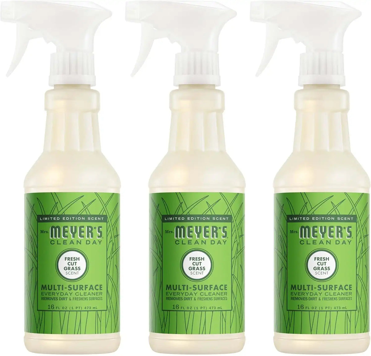 MRS. MEYER'S CLEAN DAY Multi-Surface Cleaner, Fresh Cut Grass, 3 Pack | 16 fl oz, Removes Dirt and Freshens Surfaces, Everyday Use, All-Purpose Cleaner, Cruelty Free, Made with Essential Oils
