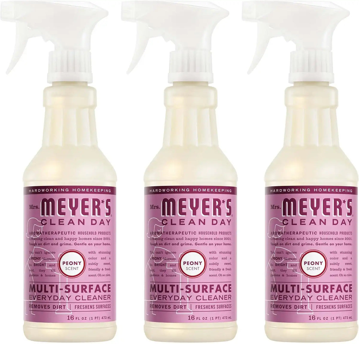 MRS. MEYER'S CLEAN DAY Multi-Surface Everyday Cleaner, Peony Scent, 16 Fl Oz Bottle - 3 Pack | Removes Dirt and Freshens Surfaces, Everyday Use, All-Purpose Cleaner, Cruelty Free, Made with Essential Oils