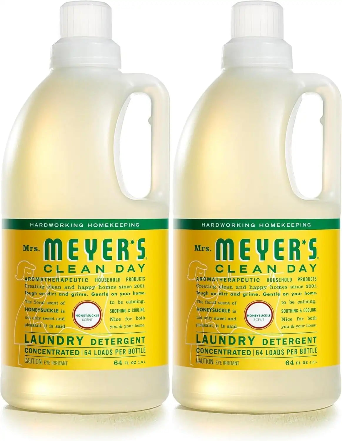 MRS. MEYER'S CLEAN DAY Liquid Laundry Detergent, Infused with Essential Oils, Honeysuckle, 64 oz - Pack of 2 (128 Loads) | Brightens Colors, Removes Tough Stains, Up to 64 Loads a Bottle, Made with Essential Oils and Stain-Fighting Enzymes