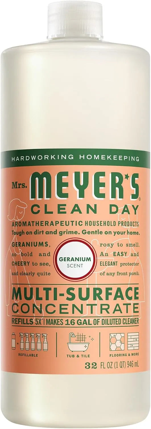 MRS. MEYER'S CLEAN DAY Multi-Surface Everyday Concentrate, Geranium Scent, 32 Fl Oz Bottle | Dilute with Water for Powerful Cleaner, Makes Up to 16 Gallons per Bottle, Removes Dirt and Freshens Surfaces
