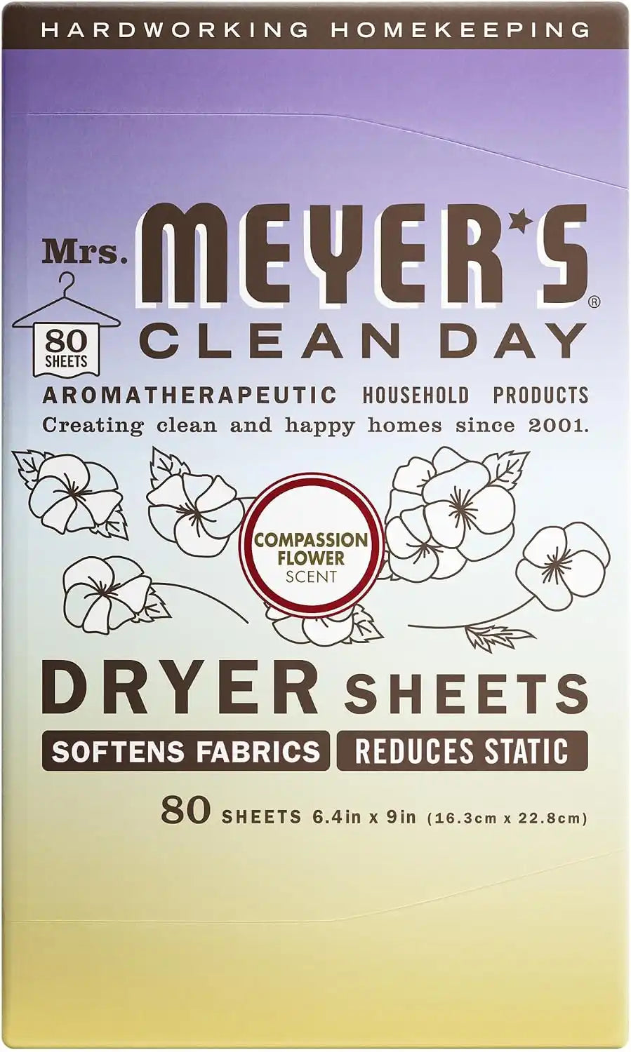 MRS. MEYER'S CLEAN DAY Dryer Sheets, Compassion Flower, 80 Count | Adds Freshness to Clothes and Softens Fabric, Reduces Static, Infused with Essential Oils