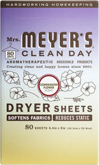 MRS. MEYER'S CLEAN DAY Dryer Sheets, Compassion Flower, 80 Count | Adds Freshness to Clothes and Softens Fabric, Reduces Static, Infused with Essential Oils