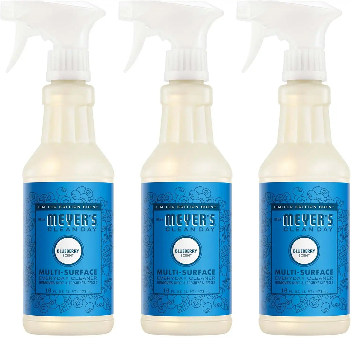MRS. MEYER'S CLEAN DAY Multi-Surface Cleaner, Blueberry, 16 fl oz, 3 Pack | Removes Dirt and Freshens Surfaces, Everyday Use, All-Purpose Cleaner, Cruelty Free, Made with Essential Oils