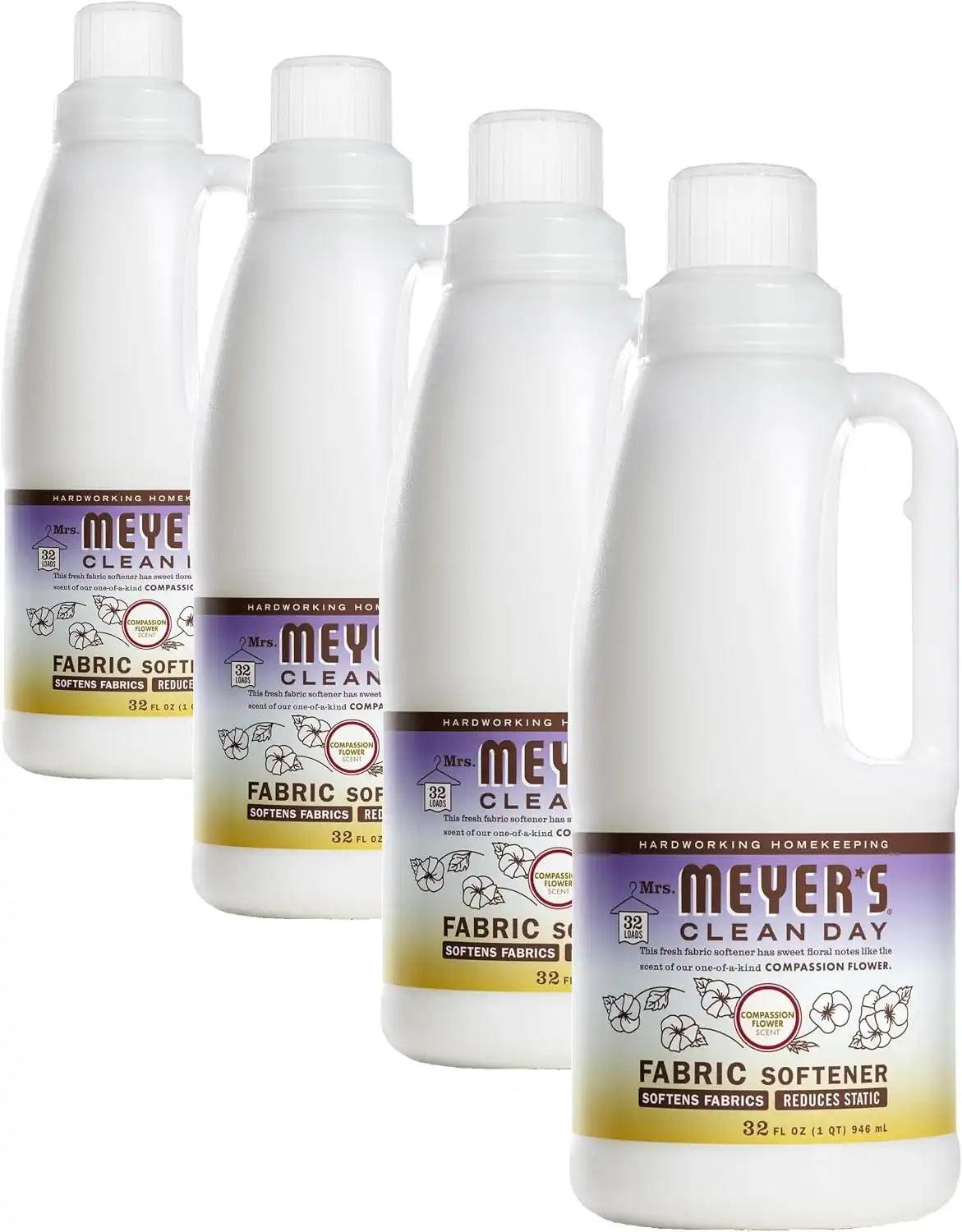 MRS. MEYER'S CLEAN DAY Liquid Fabric Softener, Infused with Essential Oils, Paraben Free, Compassion Flower (32 Loads), 32 oz (Pack of 4)