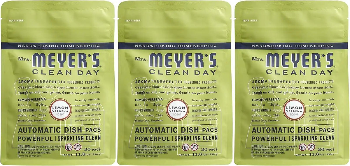 MRS. MEYER'S CLEAN DAY Dishwasher Pods, Lemon Verbena, 20 Count, 3 Pack | Leave Dishes Sparkling Clean, Automatic, 60 Total Pods, Safe for Use in All Machines