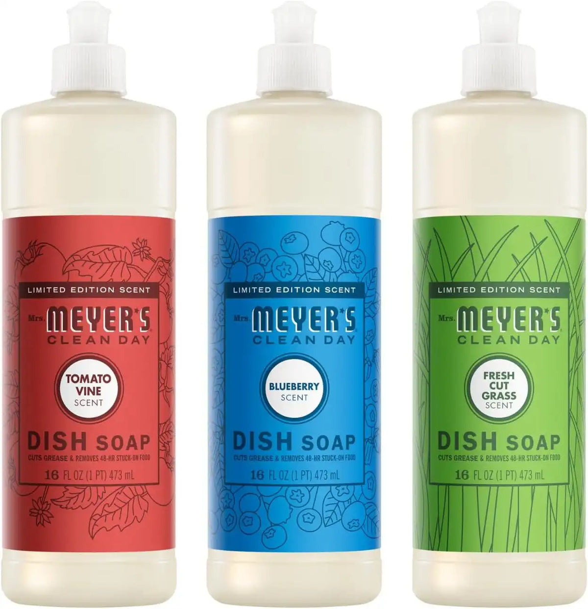Mrs. MEYER'S Clean Day Dish Soap 16 FL OZ Each, Fresh Cut Grass, Tomato Vine, Blueberry, 1 CT (Variety Pack)
