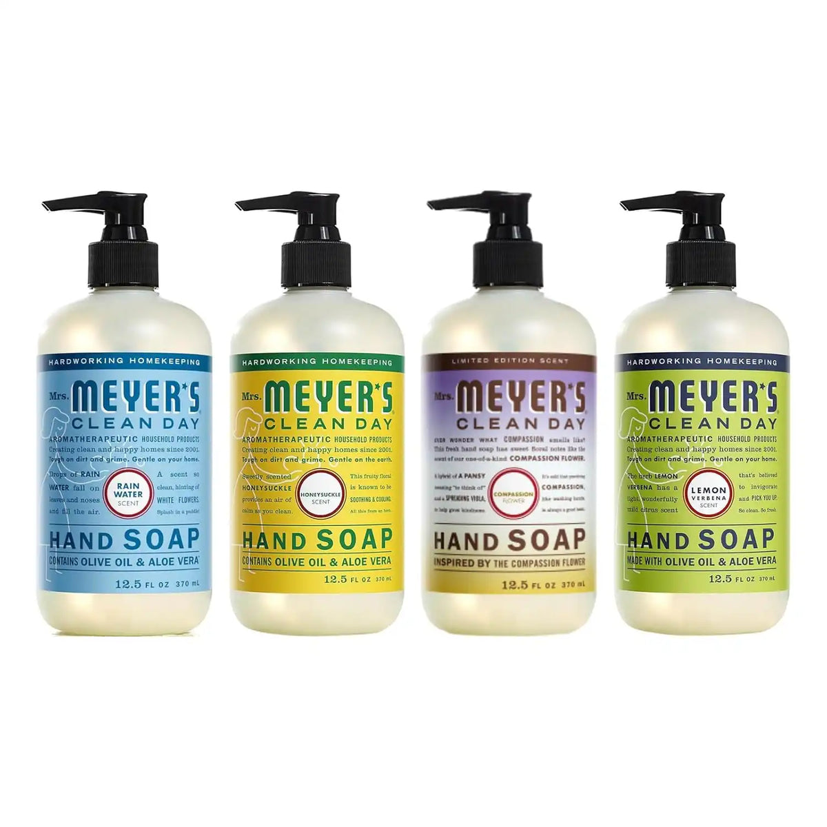 Mrs. MEYER'S CLEAN DAY Liquid Hand Soap 4 Pack Variety, Honeysuckle, Rain Water, Compassion Flower, & Lemon Verbena, 12.4 OZ Each, 1 CT Variety Pack