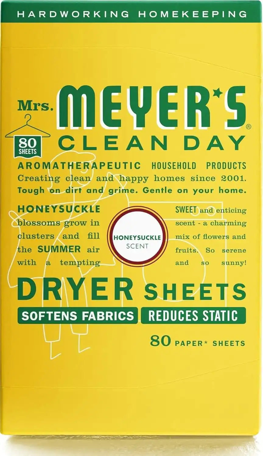 MRS. MEYER'S CLEAN DAY Dryer Sheets, Fabric Softener, Honeysuckle, 80 Count | Adds Freshness to Clothes and Softens Fabric, Reduces Static, Infused with Essential Oils