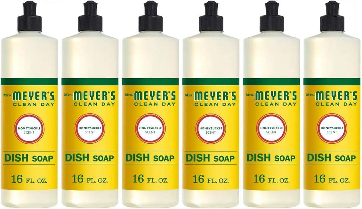 MRS. MEYER'S CLEAN DAY Liquid Dish Soap, Honeysuckle, 16 fl oz, 6 Pack | Cuts Through Grease, Removes 48-Hour Stuck on Food, Cruelty Free, Made with Essential Oils and Aloe Vera Extract