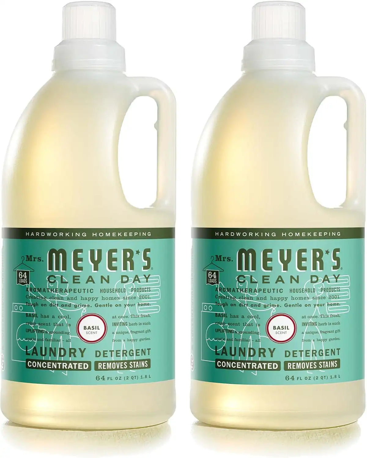 MRS. MEYER'S CLEAN DAY Liquid Laundry Detergent, Infused with Essential Oils, Basil, 64 oz - Pack of 2 (128 Loads)