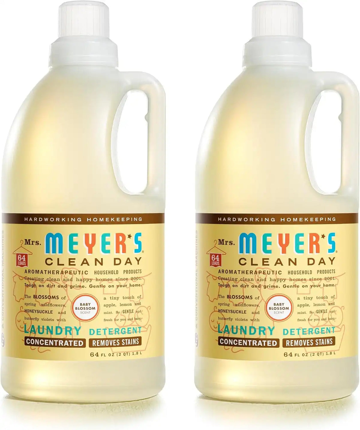 MRS. MEYER'S CLEAN DAY Baby Laundry Detergent, Baby Blossom, 64 oz, 2 Pack | Removes Tough Stains, Up to 64 Loads a Bottle, Made with Essential Oils and Stain-Fighting Enzymes