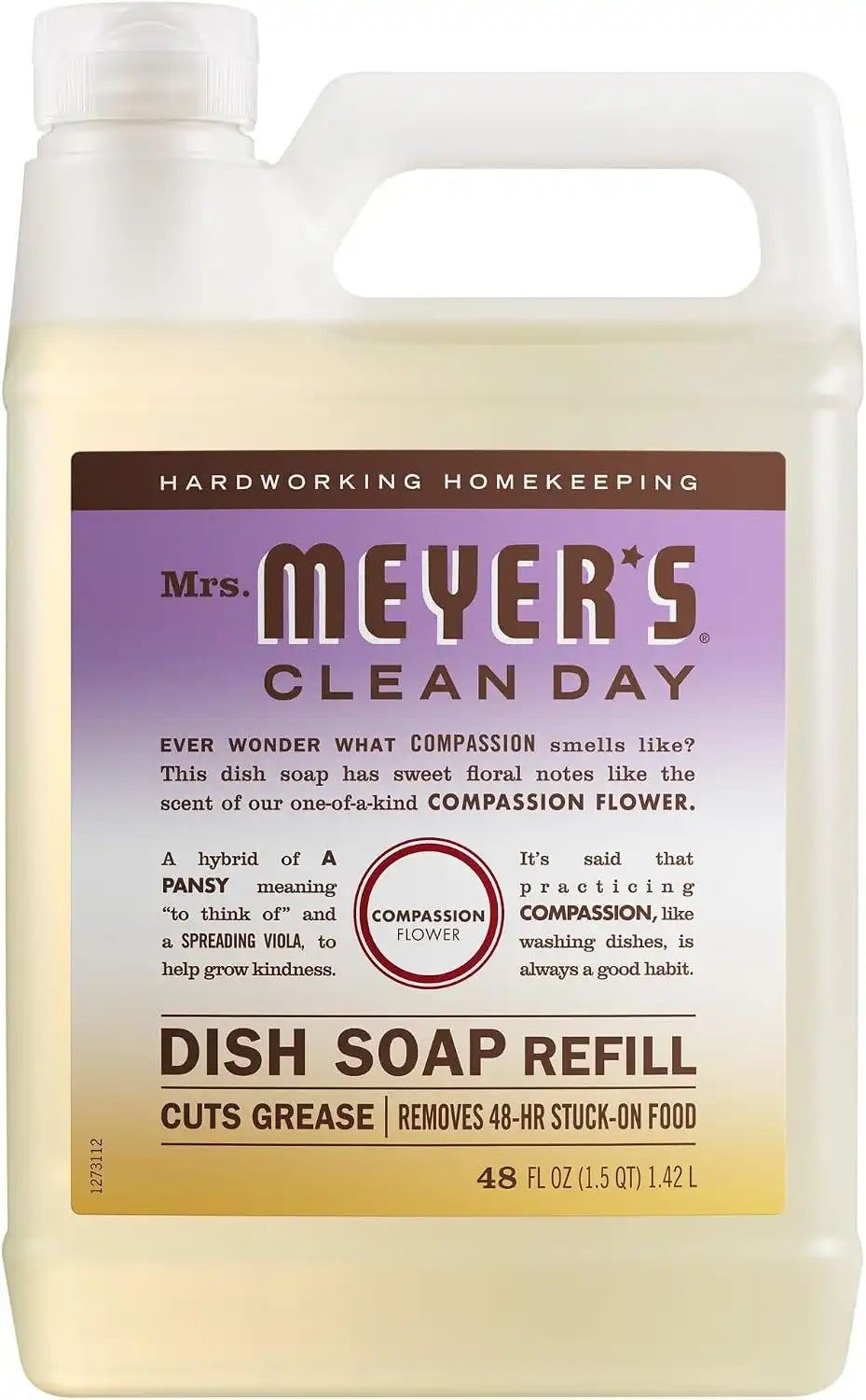 MRS. MEYER'S CLEAN DAY Liquid Dish Soap Refill, Compassion Flower, 48 fl oz | Cuts Through Grease, Removes 48-Hour Stuck on Food, Refill Fills 3 Bottles of Mrs. Meyer's Clean Day 16oz Dish Soap