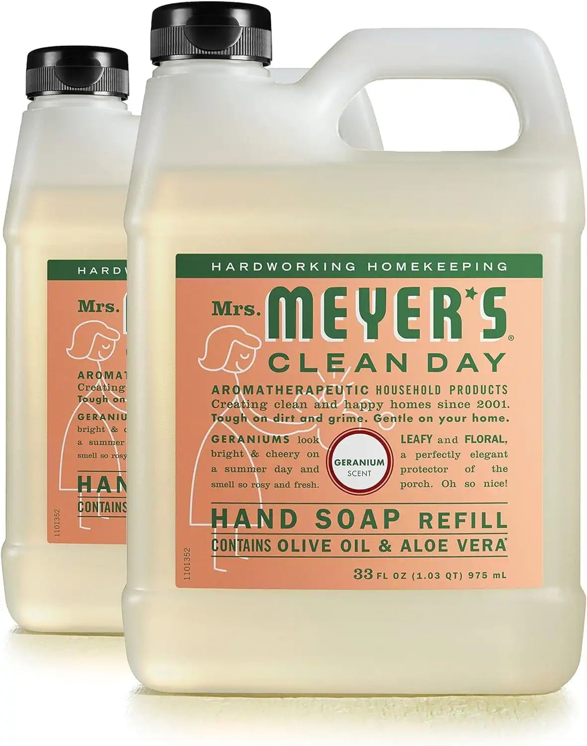 MRS. MEYER'S CLEAN DAY Hand Soap Refill, Made with Essential Oils, Geranium, 33 Fl. Oz - Pack Of 2
