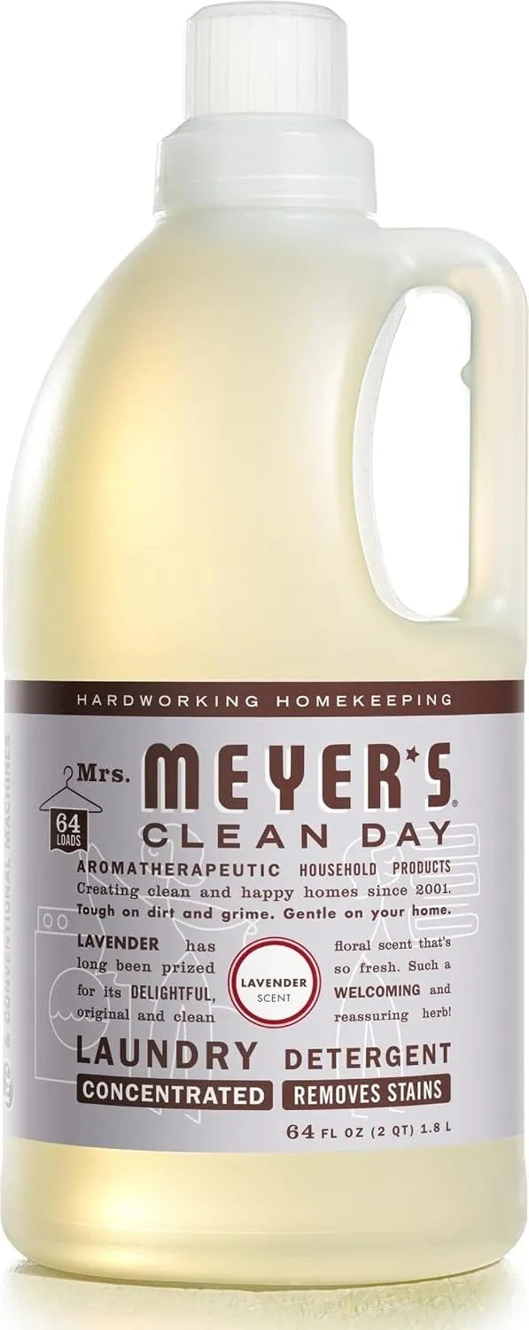 MRS. MEYER'S CLEAN DAY Laundry Detergent, Lavender, 64 fl oz | Brightens Colors, Removes Tough Stains, Up to 64 Loads a Bottle, Made with Essential Oils and Stain-Fighting Enzymes