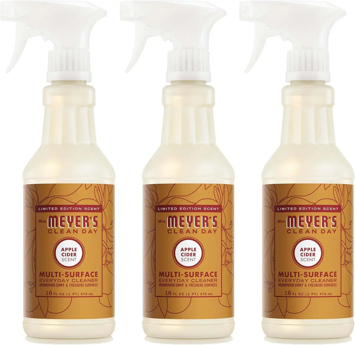 MRS. MEYER'S CLEAN DAY Multi-Surface Everyday Cleaner, Apple Cider Scent, 16 Fl Oz Bottle - 3 Pack | Removes Dirt and Freshens Surfaces, Everyday Use, All-Purpose Cleaner, Cruelty Free, Made with Essential Oils
