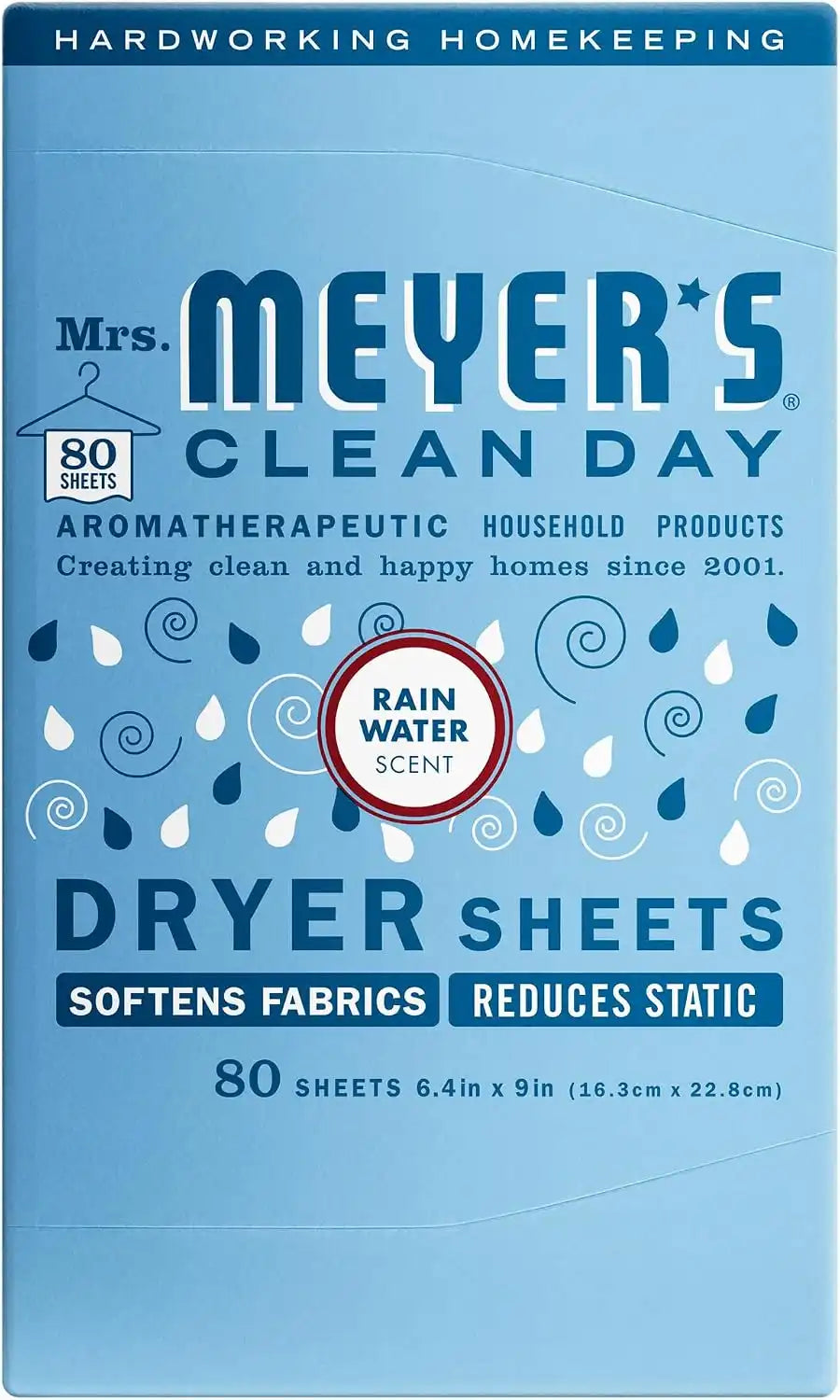 MRS. MEYER'S CLEAN DAY Dryer Sheets, Fabric Softener, Rain Water, 80 Count | Adds Freshness to Clothes and Softens Fabric, Reduces Static, Infused with Essential Oils