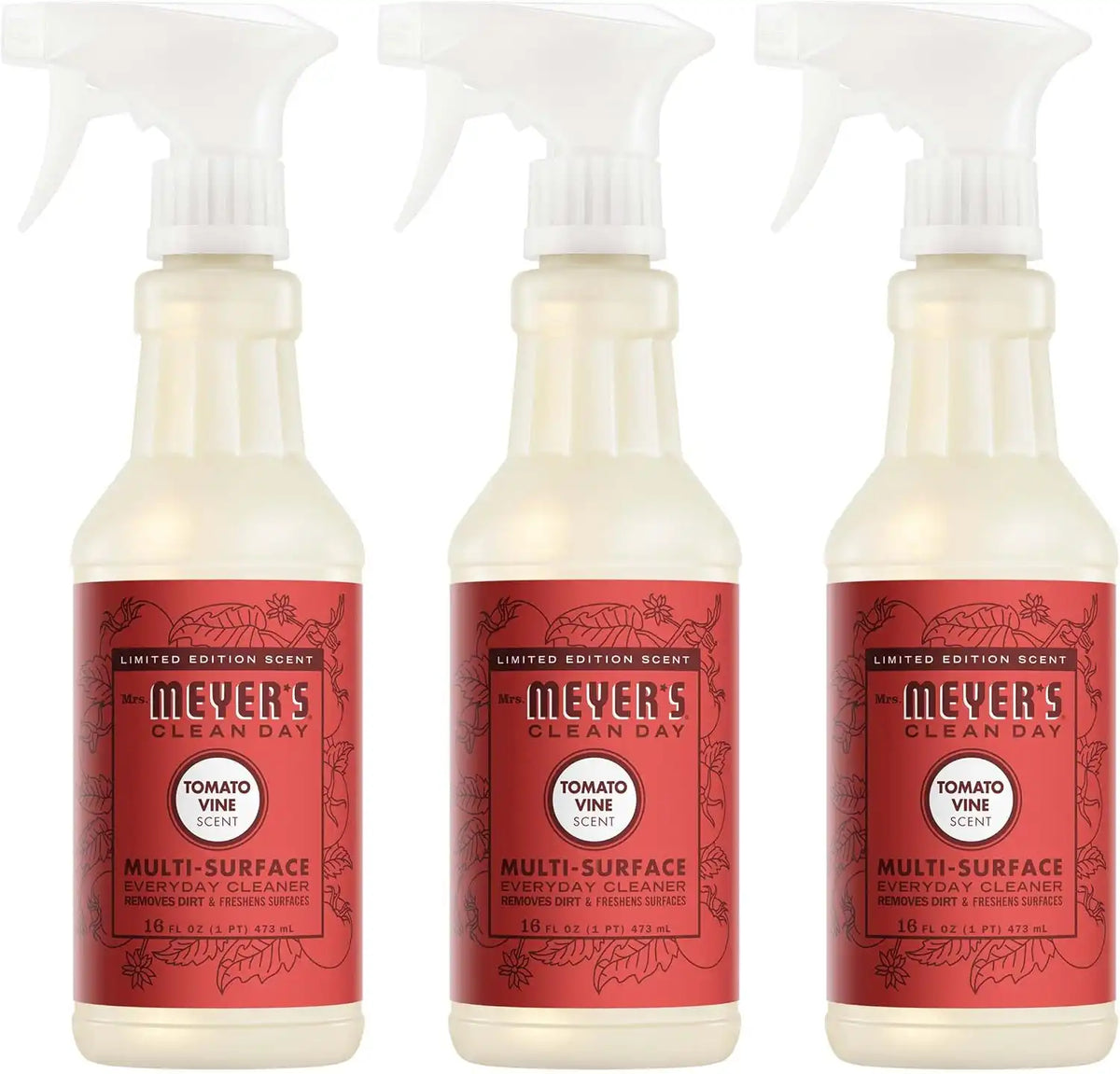 MRS. MEYER'S CLEAN DAY Multi-Surface Cleaner, Tomato Vine, 16 fl oz, 3 Pack | Removes Dirt and Freshens Surfaces, Everyday Use, All-Purpose Cleaner, Cruelty Free, Made with Essential Oils