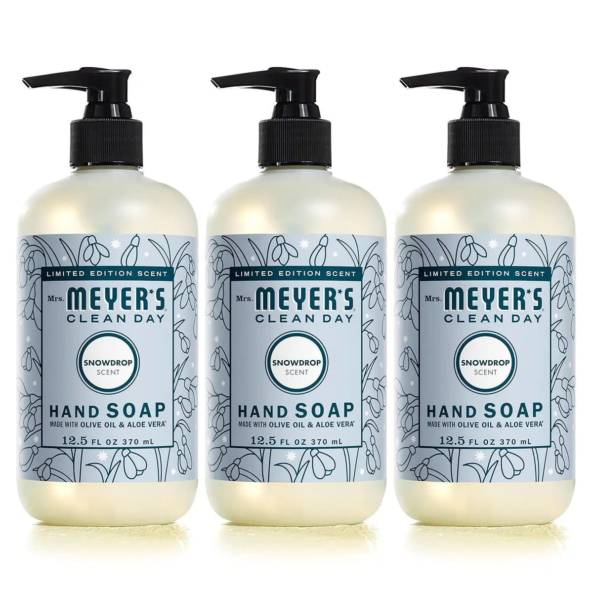 MRS. MEYER'S CLEAN DAY Liquid Hand Soap, Snowdrop, 12.5 fl oz, 3 Pack | Moisturizing Liquid Hand Soap, Softens and Cleans Hands, Cruelty Free, Made with Essential Oils, Olive Oil, and Aloe Vera