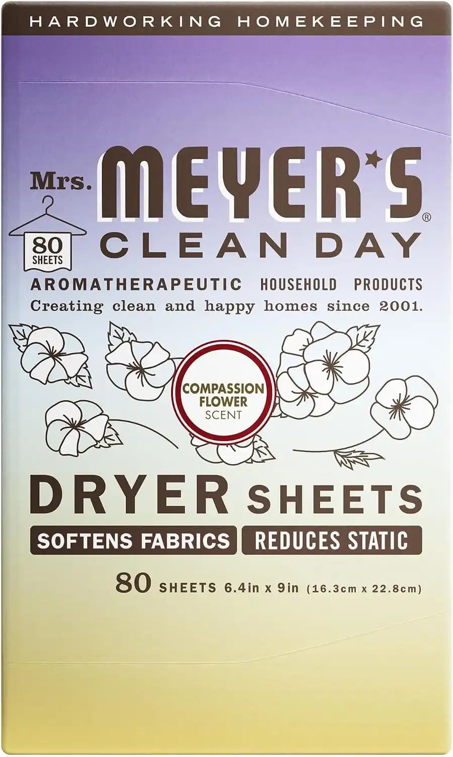 MRS. MEYER'S CLEAN DAY Dryer Sheets, Fabric Softener, Reduces Static, Infused with Essential Oils, Compassion Flower, 80 Count (Pack of 12)