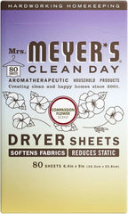 MRS. MEYER'S CLEAN DAY Dryer Sheets, Fabric Softener, Reduces Static, Infused with Essential Oils, Compassion Flower, 80 Count (Pack of 12)