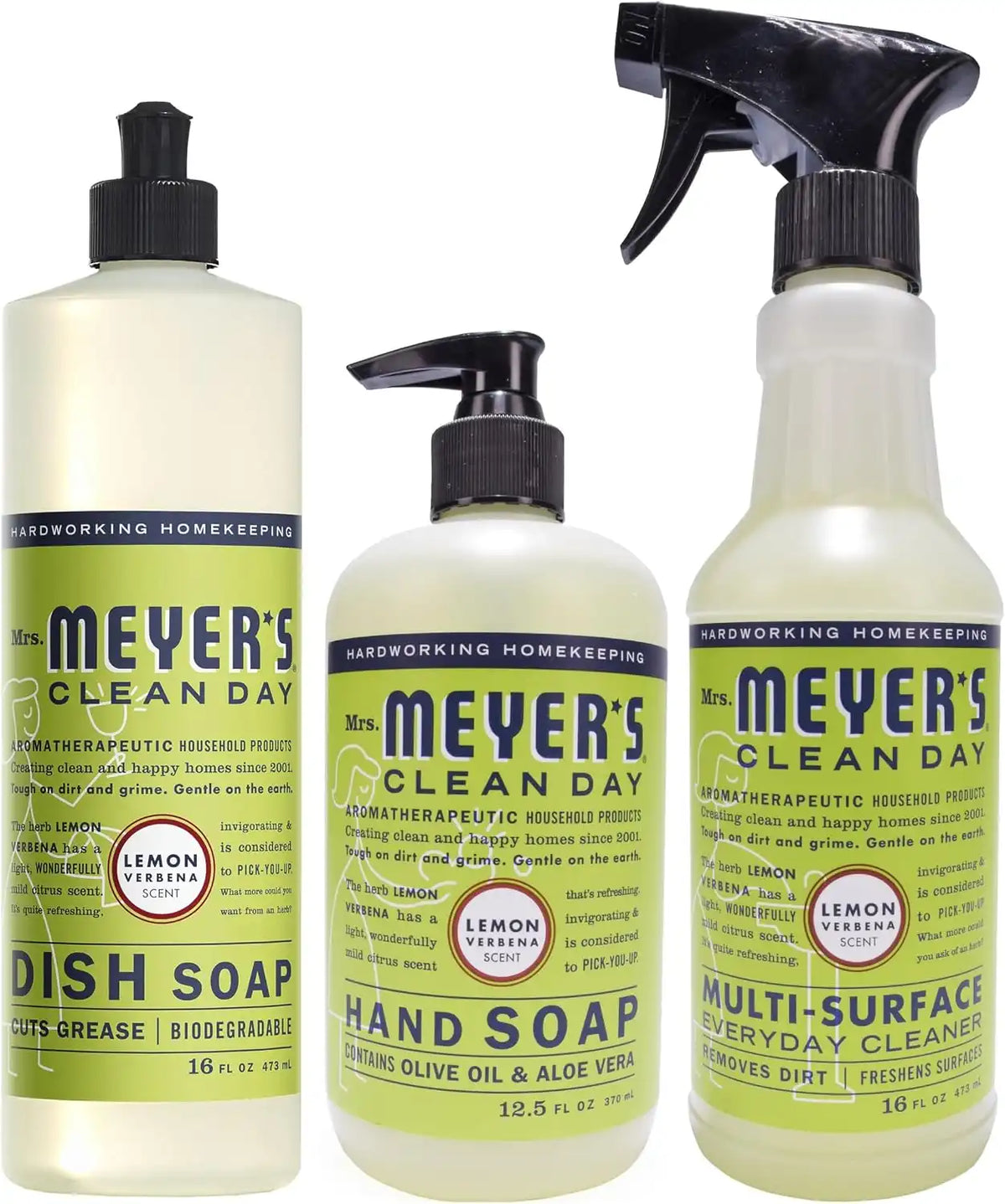 MRS. MEYER'S CLEAN DAY Kitchen Essentials Set, Includes: Hand Soap, Dish Soap, and All Purpose Cleaner, Lemon Verbena, 3 Count Pack