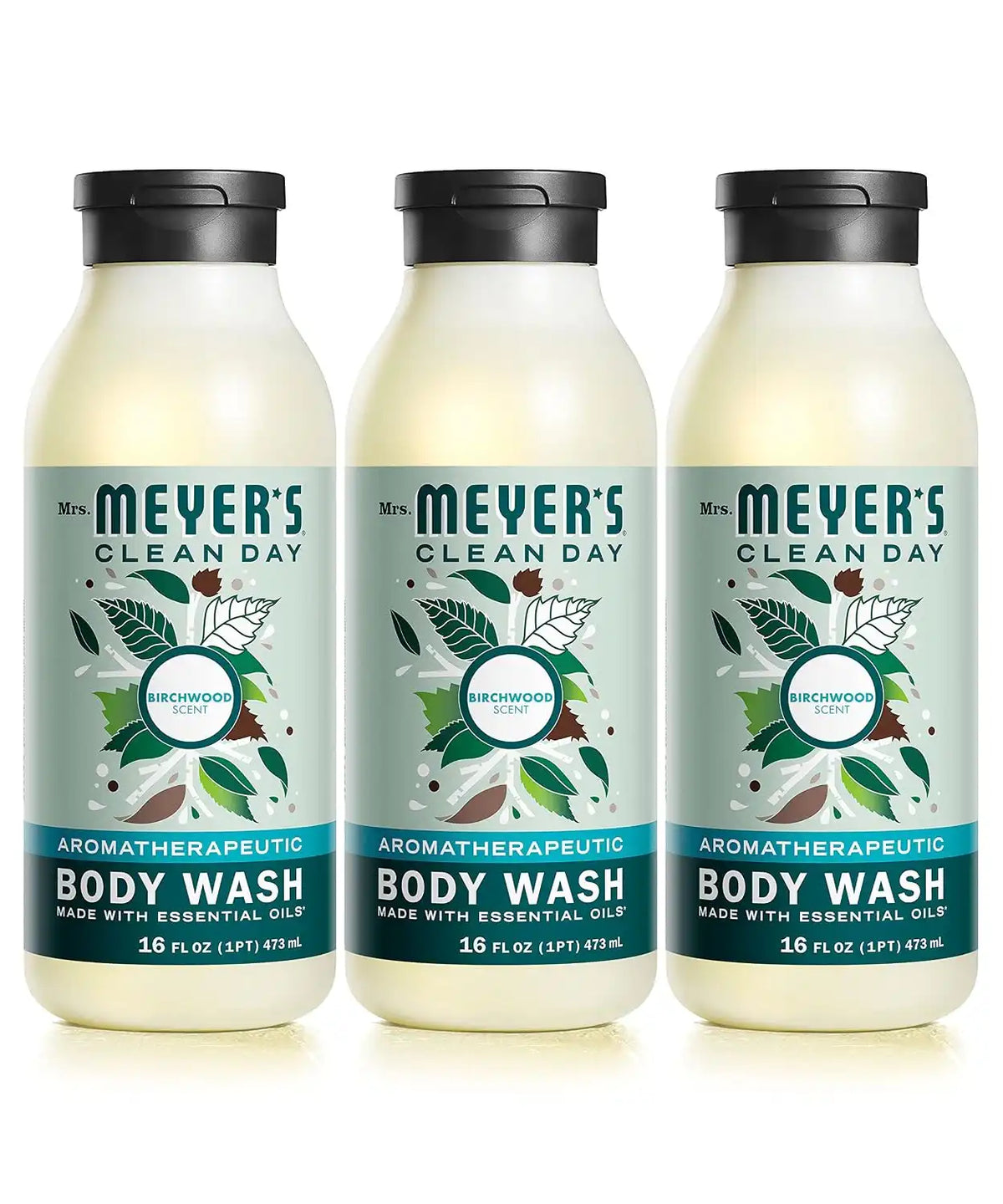 MRS. MEYER'S CLEAN DAY Moisturizing Body Wash for Women and Men, Shower Gel Formula Made with Essential Oils, Birchwood, 16 oz - Pack of 3