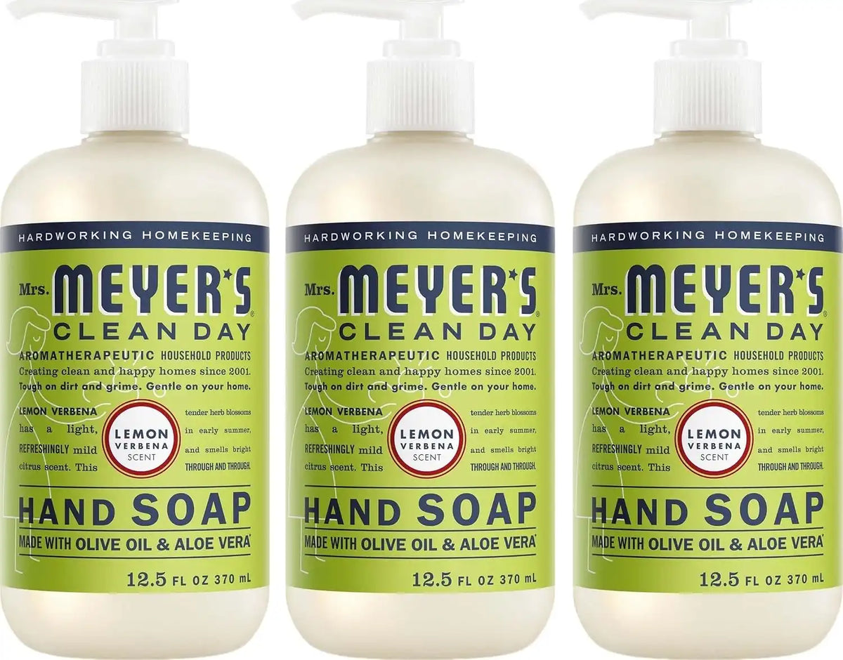 MRS. MEYER'S CLEAN DAY Hand Soap, Lemon Verbena Scent, 12.5 Fl Oz Bottle - 3 Pack | Moisturizing Liquid Hand Soap, Softens and Cleans Hands, Cruelty Free, Made with Essential Oils, Olive Oil, and Aloe Vera