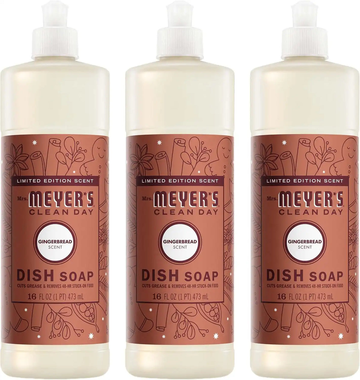 MRS. MEYER'S CLEAN DAY Liquid Dish Soap, Gingerbread, 16 fl oz, 3 Pack | Cuts Through Grease, Removes 48-Hour Stuck on Food, Cruelty Free, Made with Essential Oils and Aloe Vera Extract