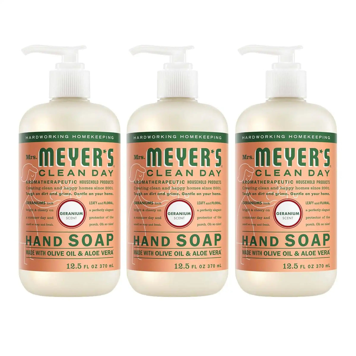 MRS. MEYER'S CLEAN DAY Hand Soap, Geranium Scent, 12.5 Fl Oz Bottle - 3 Pack | Moisturizing Liquid Hand Soap, Softens and Cleans Hands, Cruelty Free, Made with Essential Oils, Olive Oil, and Aloe Vera