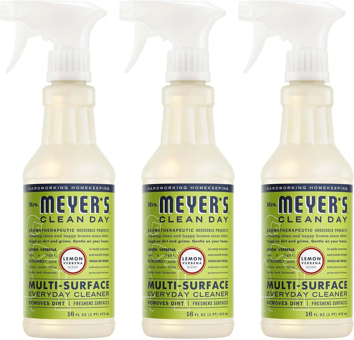 MRS. MEYER'S CLEAN DAY Cleaner Spray, Lemon Verbena, 16 fl oz, 3 Pack | Removes Dirt and Freshens Surfaces, Multi-Surface, Everyday Use, All-Purpose Cleaner, Cruelty Free, Made with Essential Oils