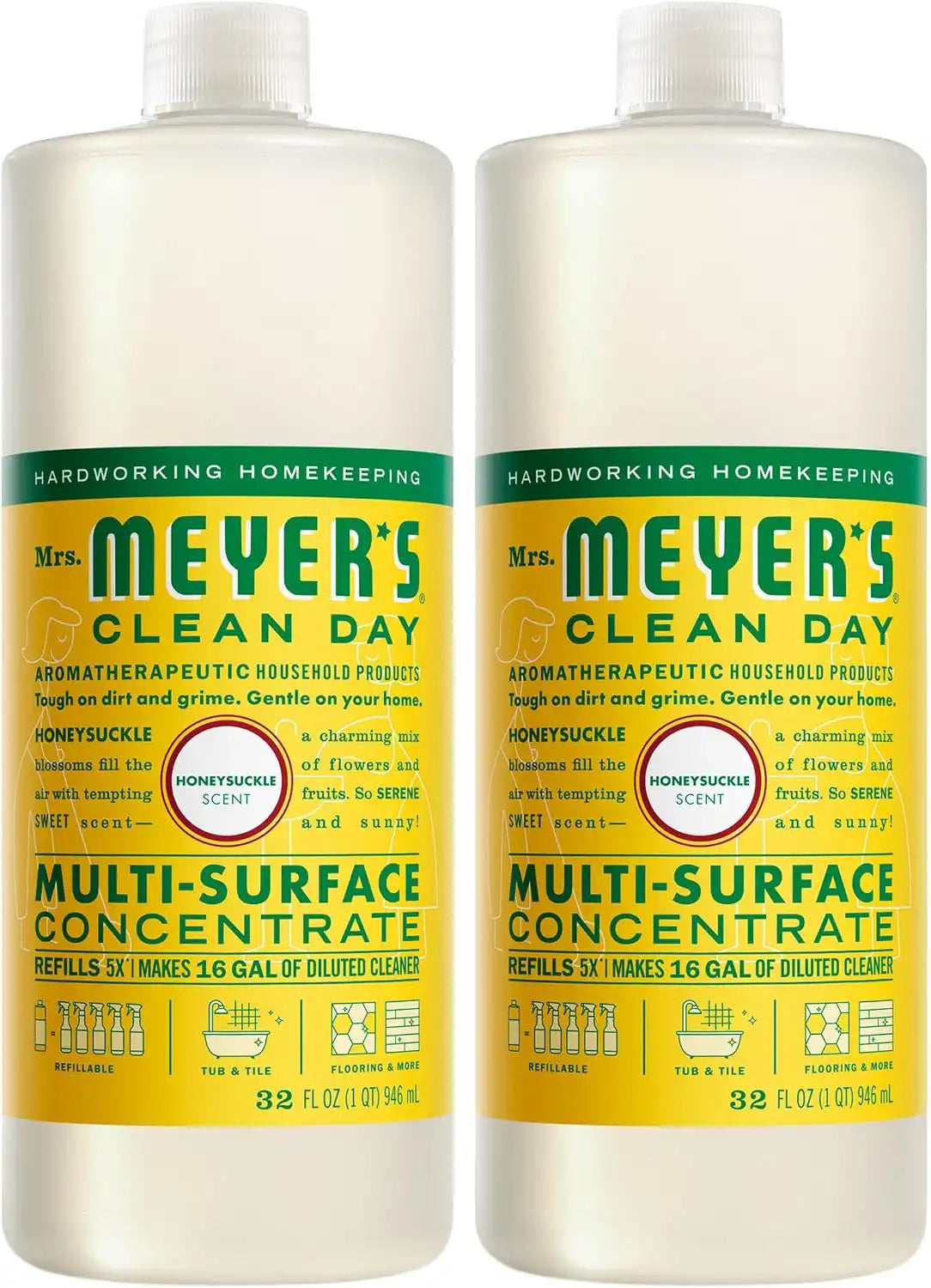 MRS. MEYER'S CLEAN DAY Multi-Surface Everyday Concentrate, Honeysuckle Scent, 32 Fl Oz Bottle - 2 Pack | Dilute with Water for Powerful Cleaner, Makes Up to 16 Gallons per Bottle, Removes Dirt and Freshens Surfaces