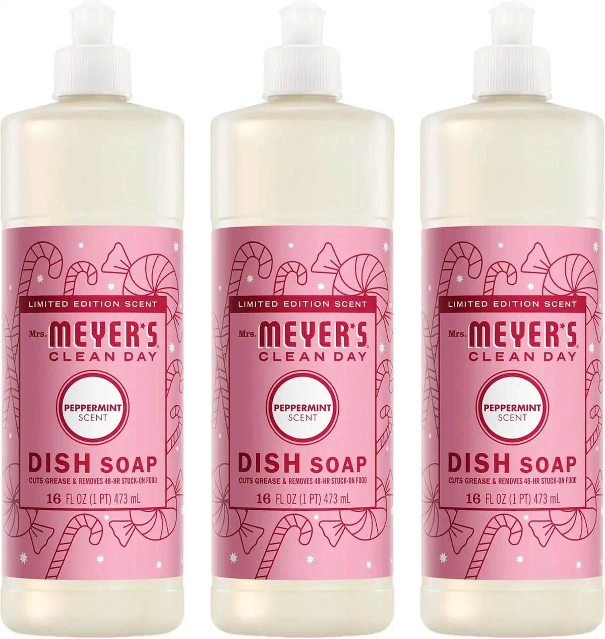 MRS. MEYER'S CLEAN DAY Liquid Dish Soap, Peppermint, 16 fl oz, 3 Pack | Cuts Through Grease, Removes 48-Hour Stuck on Food, Cruelty Free, Made with Essential Oils and Aloe Vera Extract