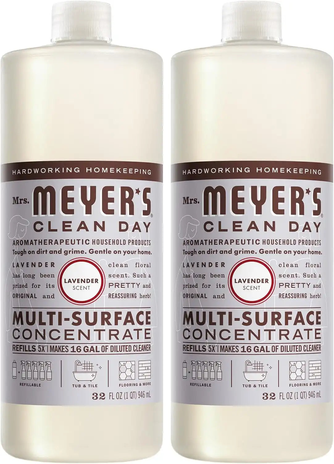 MRS. MEYER'S CLEAN DAY Multi-Surface Everyday Concentrate, Lavender Scent, 32 Fl Oz Bottle - 2 Pack | Dilute with Water for Powerful Cleaner, Makes Up to 16 Gallons per Bottle, Removes Dirt and Freshens Surfaces